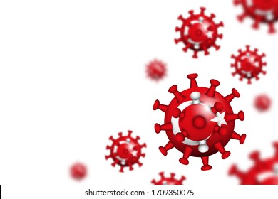 COVID-19 . 3D floating corona virus with Turkey flag on white isolated background with copy space at left area for fill text . Shallow depth of field design . Vector .