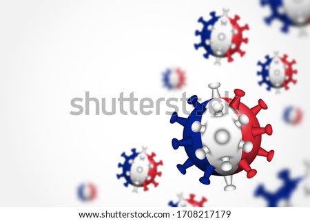 COVID-19 . 3D floating corona virus with France flag on gray vignette background with copy space at left area for fill text . Shallow depth of field design . Vector .