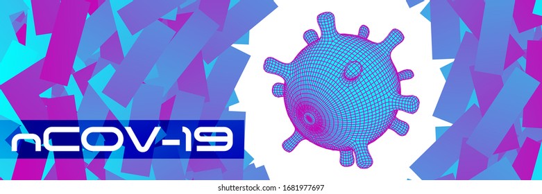 banner horizontal abstracto vectorial de célula 3d de covid-19. Antecedentes de noticias de aislamiento de brotes de virus ncov-19