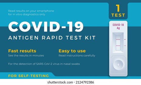 COVID-19 Antigen Fast Self Test Label Template. Medical Corona Virus Nasal Swab Diagnostic Kit Vector Packaging Design Layout. Modernes Typografie-Banner mit realistischem Testgeräthintergrund. isoliert