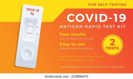 COVID-19 Antigen Fast Self Test Label Template. Medizinisches Corona Virus Nasal Swab Diagnostic Kit Vektorhintergrund Design Layout. Modernes Typografie-Banner mit realistischer Geräteillustration. isoliert