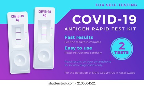 COVID-19 Antigen Fast Self Test Label Template. Medical Corona Virus Nasal Swab Diagnostic Kit Vector Packaging Design Layout. Modern Typography Banner with Realistic Test Devices Background. Isolated