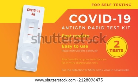 COVID-19 Antigen Fast Self Test Label Template. Medical Corona Virus Nasal Swab Diagnostic Kit Vector Background Design Layout. Modern Typography Banner with Realistic Device Illustration. Isolated