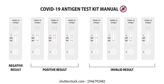 Covid-19 antigen rapid test kit manual. Coronavirus antibody express test instruction: negative, positive and invalid result. Health care, stop corona concept. Flat vector illustration eps 10.