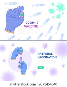 Covid-19 antiviral vaccination campaign set of web banners. Stop Coronavirus pandemic. Disease prevention, immunization, healthcare. Medical center landing page, banner vector illustration