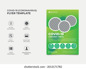 covid-19 awareness flyer template design with three image placement, gradient color used in the design. fully editable, professional looking template. vector a4 size, eps 10 version.