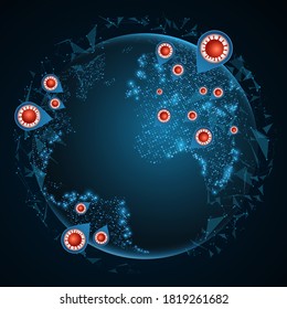 Covid-19 background. Infected points on the world map. Epidemic infectious disease concept. 3D pathogen organism with abstract globe. Banner for your medical design. Vector illustration. EPS 10