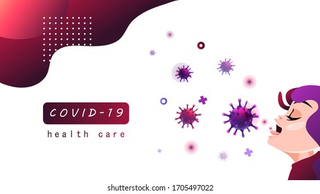 COVID-19 background, people spread by sneezing and coughing, transmission health care protection poster concept, respiratory infection outbreak, viral disease pandemic vector illustration