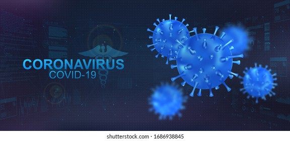 Covid-19 bacteria with blur effect. Coronavirus healthcare banner with 3D Microbe on polygonal futuristic background. Infectious pathogen virus Covid-19. Vector illustration coronavirus concept