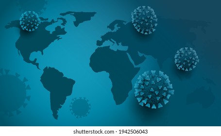 Covid-19 bacterias con un fondo de mapa mundial. La economía mundial durante la pandemia del coronavirus. Ilustración del vector