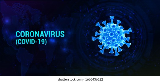 Covid-19 bacteria with to the World Map and infected locations. Coronavirus healthcare banner. 3D Microbe on dark background. Infection pathogen virus with decay parts of polygons. Vector illustration