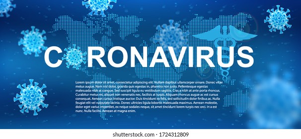 Covid-19 bacteria with to the World Map and infected locations. Virus healthcare banner. 3D Microbe on dark background. Infection pathogen virus with decay parts of polygons. Vector illustration