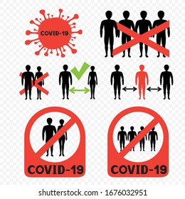 Covid-19 ban mass gatherings and keeping distance infographic. Stop coronavirus symbol. No people contract. Virus infected sticker label template. Covid-2019 biohazard sign