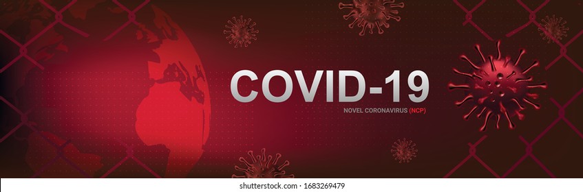 Cartel COVID-19, brote de virus de Corona e influenza en 2020. Casos de cepa de Alert Covid-19 como pandemia. Concepto de ilustración de células de la enfermedad con fondo rojo.