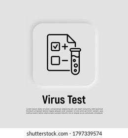 Covid-19 Blood Medical Test, Positive Result Of Test And Blood Vial. Thin Line Icon. Coronavirus Prevention. Vector Illustration.