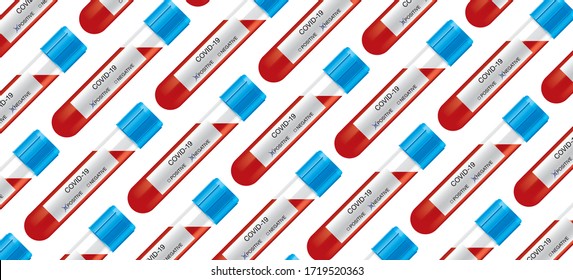 COVID-19 Blutteströhrchen Muster. Laborglas-Kapseln mit weißem Etikett. Virusinfektionstests mit positiven und negativen Analyseantworten. Corona-Virus, Vektormedizinischer Hintergrund.