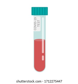 Prueba COVID-19. Tubos con muestra de sangre. Concepto de prueba rápida de Coronavirus. Investigación y diagnóstico de laboratorio. Ilustración vectorial en estilo plano.