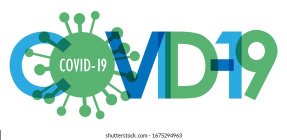 COVID-19 blue and green vector typography banner with virus symbol