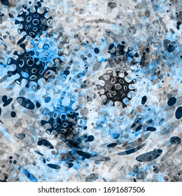 Covid-19 blue seamless pattern. Virus and water. Coronavirus texture. Vector background for web page, banners backdrop, fabric, wrapping.