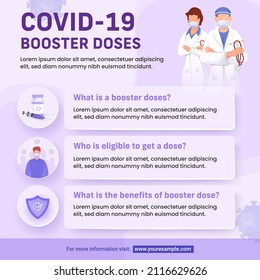 Covid-19 Booster dosiert Fragen und Antworten zu den Merkmalen des Arztes auf violettem Hintergrund. Sensibilitätspaket oder Vorlagendesign.