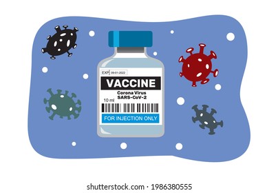 Covid-19 bottle vaccine with virus illustrations
