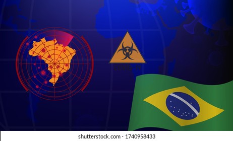 COVID-19 In Brazil. Map of coronavirus pandemic and national flag. pandemic medical health risk concept. Coronavirus control in South America.
