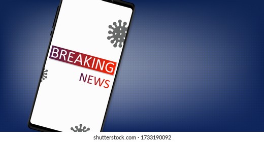 COVID-19 breaking news update on smartphone concept, people new normal lifestyle, blue gradient pattern background.