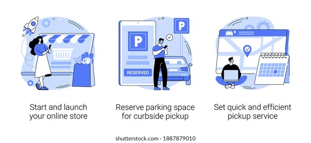 Covid19 business abstract concept vector illustration set. Start and launch your online store, reserve parking space, curbside pickup, set pickup service, employee safety abstract metaphor.