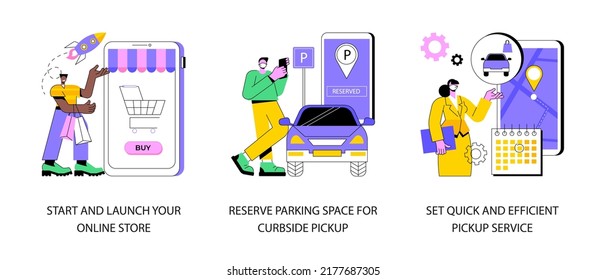 Covid19 business abstract concept vector illustration set. Start and launch your online store, reserve parking space, curbside pickup, set pickup service, employee safety abstract metaphor.