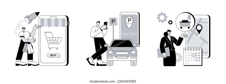 Covid19 business abstract concept vector illustration set. Start and launch your online store, reserve parking space, curbside pickup, set pickup service, employee safety abstract metaphor.
