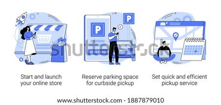 Vector Covid19 business abstract concept vector illustration set. Start and launch your online store, reserve parking space, curbside pickup, set pickup service, employee safety abstract metaphor.