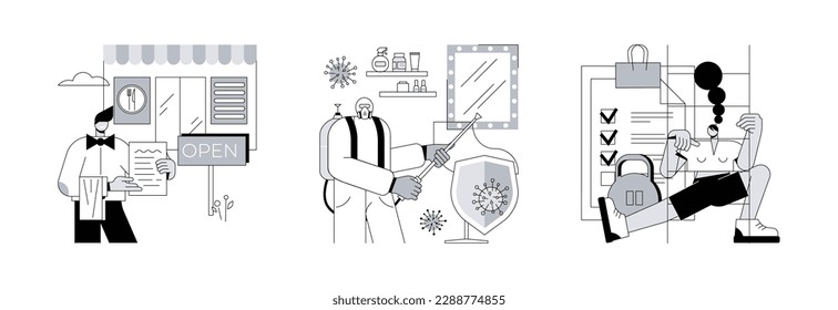 Covid19 business restrictions abstract concept vector illustration set. Restaurants reopening, beauty salons sanitation, fitness clubs and gyms pandemic regulations, social distance abstract metaphor.