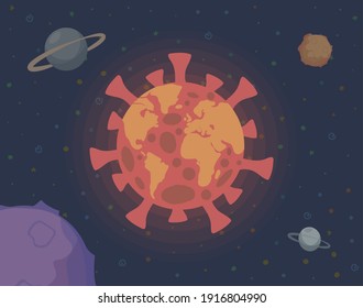 Covid-19 cell flying in cosmos vector flat illustration. Global pandemic of Coronavirus Covid-19 outbreak concept. Coronavirus molecule in outer space, planets, moon, Saturn, and stars.