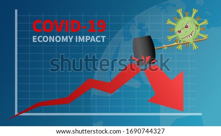 Covid-19 cell uses hammer to break  economy graph or chart, corona or covid-19 virus global economic impacts, economy graph chart down because corona or covid virus.
