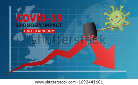Covid-19 cell uses hammer to break  economy graph or chart, UK hit by Covid-19 outbreak and pandemic, Covid-19 virus global economic impacts, Concept of world and local economy crisis.
