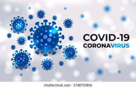 Covid-19 cells blue bacterial on a white medical vector background with typography. Coronavirus blue colored viral cells. Corona virus, covid19 realistic vector background.