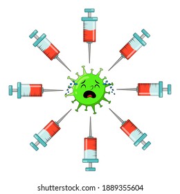 Covid-19 character cry and be afraid vaccination shot cartoon symbol. Vector illustration isolated on white background.