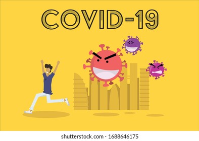 COVID-19 persiguiendo a un hombre que se apresura a correr con miedo, diseño de vector plano, garra de personaje 