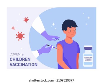 Covid-19 Children Vaccination banner. Vector modern illustration of a teenage boy and a doctor's hands with a syringe giving an injection. Isolated on abstract background