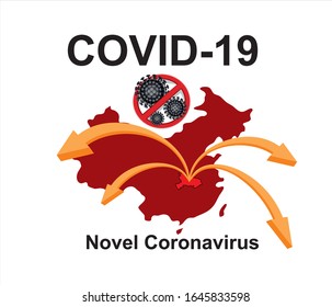 Covid-19. China pathogen respiratory coronavirus 2019-nCoV. Flu spreading of world, China map, arrows, floating influenza virus cells. Dangerous chinese ncov corona virus, SARS pandemic risk alert