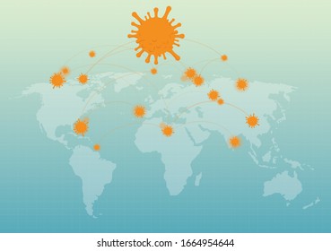 Covid-19. China pathogen respiratory coronavirus 2019-nCoV. Flu spreading of world, World map, floating influenza virus cells. Dangerous chinese ncov corona virus, SARS pandemic risk alert