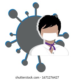 Covid-19 china wuhan pneumonia or corona-virus menace, pandemic contamination. European woman in mask. concept of caution banner. Avatar or icon for social net account or news post. Virus on back