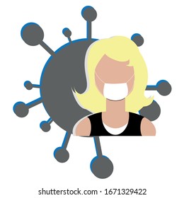 Covid-19 china wuhan pneumonia or corona-virus menace, pandemic contamination. European woman in mask. concept of caution banner. Avatar or icon for social net account or news post. Virus on back