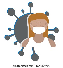 Covid-19 china wuhan pneumonia or corona-virus menace, pandemic contamination. European woman in mask. concept of caution banner. Avatar or icon for social net account or news post. Virus on back