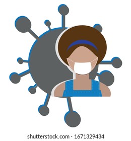 Covid-19 china wuhan pneumonia or corona-virus menace, pandemic contamination. European woman in mask. concept of caution banner. Avatar or icon for social net account or news post. Virus on back