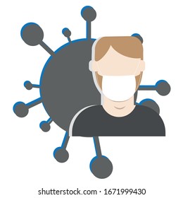 Covid-19 china wuhan pneumonia or corona-virus menace, pandemic contamination. European man in mask. concept of caution banner. Avatar or icon for social net account or news post. Virus on back