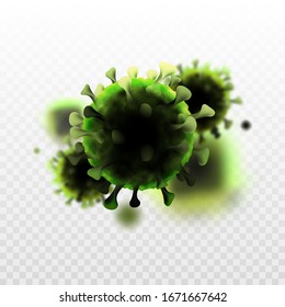 COVID-19 Coronavirus chino bajo el microscopio en un fondo transparente. Ilustración vectorial 3d realista. Pandemia, enfermedad. Células del virus de la influenza aviar transmisible para patógenos respiratorios de China