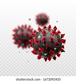 COVID-19 Chinese coronavirus under the microscope on a transparent background. Realistic vector 3d illustration. Pandemic, disease. Floating China pathogen respiratory influenza covid virus cells