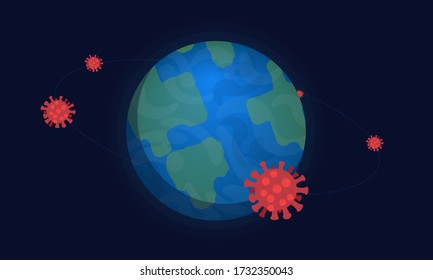 COVID-19 circles the globe in 2020. Stylized microbes orbit the earth.