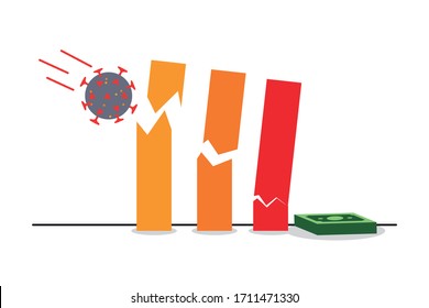covid19 collapsing a bar graph and money bill over white background, colorful design, vector illustration